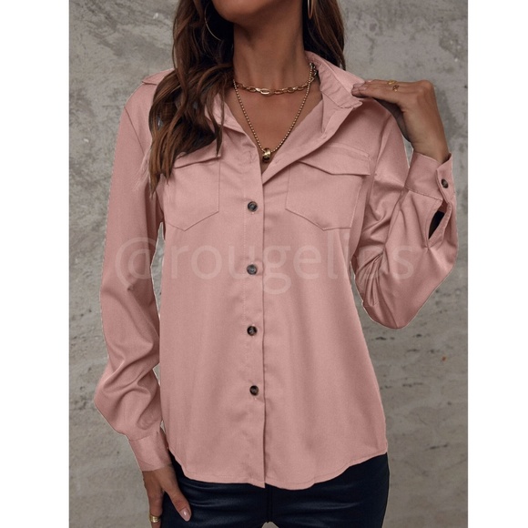Pink Casual Button Up / Down Shirt Collar, V-Neck Button Front Long Sleeve - Picture 3 of 6